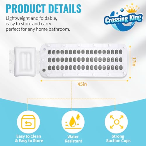 Crossing King Bubble Bath Mat, Bubble Bath Mat Tub Spa Massager, Gray | for Smooth Bathtub, Non-Slip, 6-Speed Bubbles, with Pillow, Machine and Remote, for Home Spa Experience, 45*17in