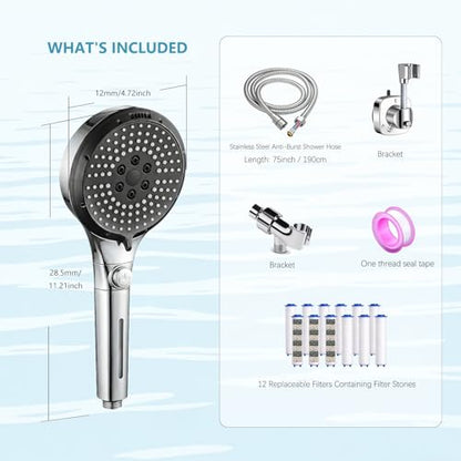 Filtered Shower Head with Handheld, High Pressure 6-Mode Water Softener for Hard Water, 12 Replacement Filters, 75" Anti-Burst Extra Long Hose & Adjustable Bracket for Healthier Skin and Hair