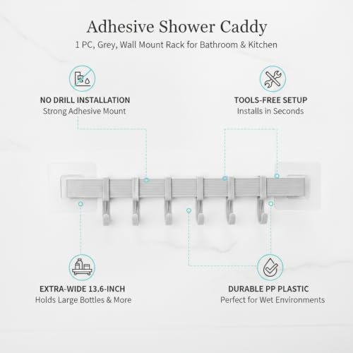 Adhesive Shower Caddy, 13.6-Inch Wide No-Drill Wall Mount Rack for Bathroom & Kitchen, PP Plastic Storage Organizer (1 PC) - color: Gray