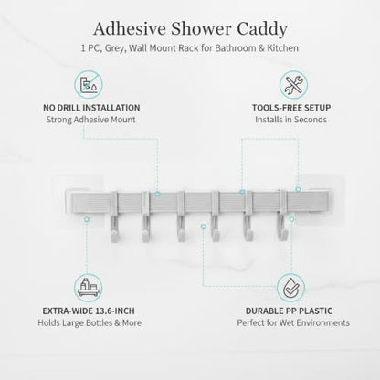 Adhesive Shower Caddy, 13.6-Inch Wide No-Drill Wall Mount Rack for Bathroom & Kitchen, PP Plastic Storage Organizer (1 PC) - color: Gray