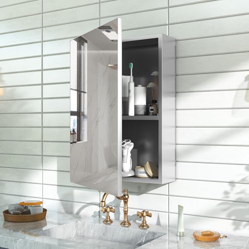 20 x 26 Silver Medicine Cabinet, Aluminum Mirror Medicine Cabinet for Bathroom, Pre-Assembled Recessed/Surface-Mounted Medicine Cabinet, Tempered Frameless Mirror - color: Silver, size: 20 x 26