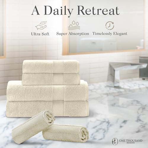 Premium Staple Cotton Bathroom Towel Set - Beige 600 GSM 6-Piece Luxury Bath Towel Set 1 Stripe - 2 Bath Towels, 2 Hand Towels & 2 Washclothes Set - High Absorbent & Quick Dry for Gym, Spa, Hotel - color: Beige - 1 Stripe