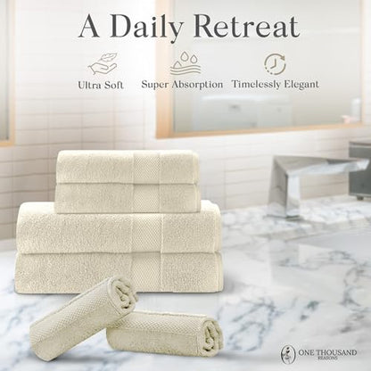 Premium Staple Cotton Bathroom Towel Set - Beige 600 GSM 6-Piece Luxury Bath Towel Set 1 Stripe - 2 Bath Towels, 2 Hand Towels & 2 Washclothes Set - High Absorbent & Quick Dry for Gym, Spa, Hotel - color: Beige - 1 Stripe