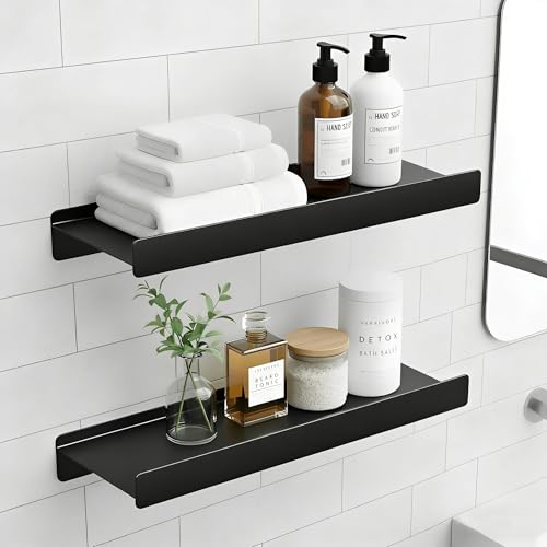 12 inch Metal Floating Shelves for Wall, Bathroom Small Shelves with Lip | Black, Heavy Duty Wall Shelves Storage for Bathroom Kitchen Bedroom Small Spaces, No Wobble Set of 2 - color: Black, size: 12 inch 2P