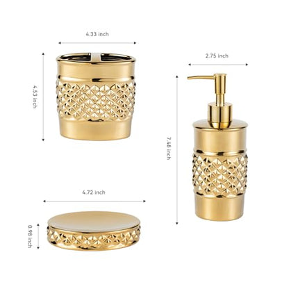 3-Piece Gold Ceramic Bathroom Accessories Set - Luxurious Soap Dispenser, Toothbrush Holder & Soap Dish with Modern Geo Embossed Design for Bathroom Accessory Set - color: Gold 022