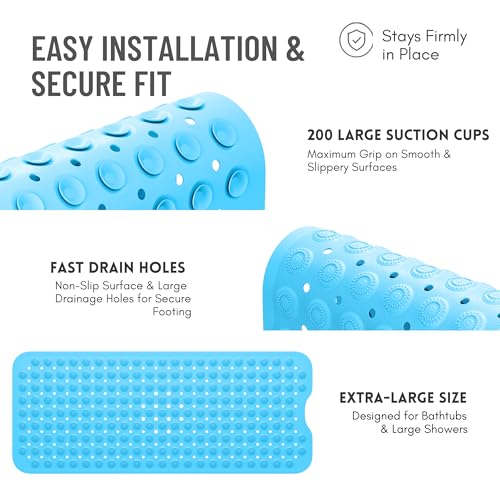 Bathtub Mat Non-Slip – 39" x 15.5" Extra Long Shower Mat with Suction Cups, BPA Free & Machine Washable, Textured Bath Mat for Tub, Ideal for Kids, Seniors & Pregnant Women, Blue - color: Blue