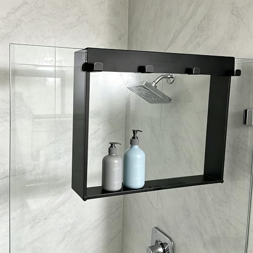 Hanging Shower Shelf with Hooks, Bathroom Caddy Shower Organizer for Shower Glass Panels, Over The Door Metal Shower Shelves for Bathroom, Black