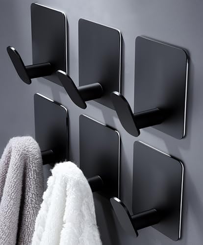 DELITON Black Towel Hook 6 Pack, Stainless Steel Stick on Wall Hooks for Hanging Coat Robe Hat, Self Adhesive Hooks, Heavy Duty, No Damage - color: Black-A-6