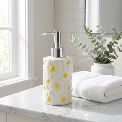Flower Ceramic Soap Dispenser Cute Daisy Hand Soap Bottle 11.5 Oz | Floral Liquid Soap Dispenser with Pump, Refillable for Lotion, Shampoo, Body Wash, Bathroom Kitchen Vanity Countertop Decor