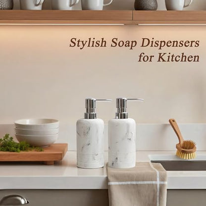 Resin Soap Dispenser Sets, 2 Pcs Heavy Lotion Dispensers,10.8oz Refillable Liquid Soap Dispensers with Rust-Proof Pump for Bathroom Countertop or Kitchen, Artificial Marble White - color: White