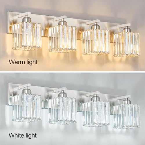 Modern Vanity Light 4-Lights Brushed Nickel Vanity Light Crystal Bathroom Wall Light Bathroom Light Fixtures - color: Nickel Straight, size: 4-light