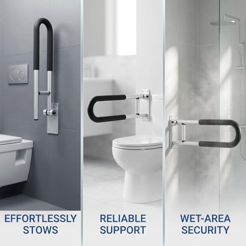 Toilet Safety Rail, 23.6 in Flip Up Foldable Wall Mount Grab Bar, Aluminum Alloy Bathroom Shower Assist Handrail with Anti-Slip Grip, Suitable for Elderly, Handicap, Pregnant & Post-Op Users