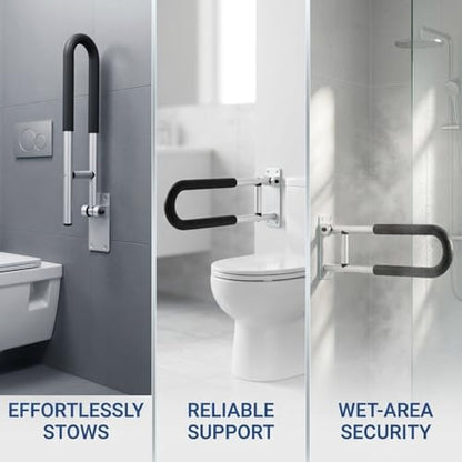 Toilet Safety Rail, 23.6 in Flip Up Foldable Wall Mount Grab Bar, Aluminum Alloy Bathroom Shower Assist Handrail with Anti-Slip Grip, Suitable for Elderly, Handicap, Pregnant & Post-Op Users