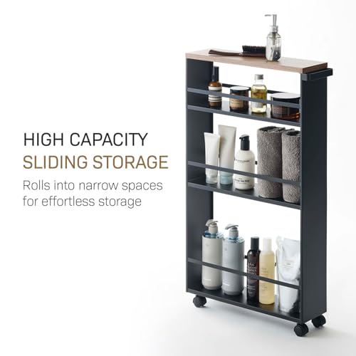 YAMAZAKI home Tower Rolling Slim Storage Cart With Handle Black | Narrow kitchen storage cabinet with built-in handle. Slim rolling storage cart with wheels. Easy assembly. Keeps items tidy. - color: Black