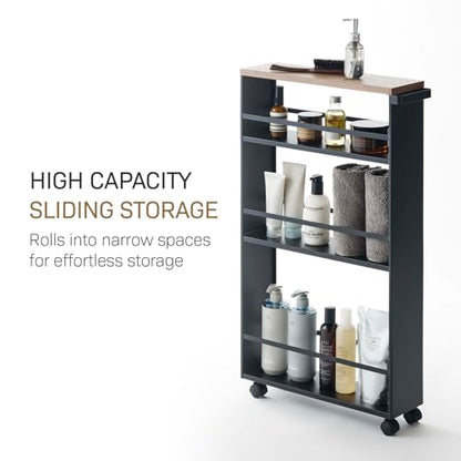 YAMAZAKI home Tower Rolling Slim Storage Cart With Handle Black | Narrow kitchen storage cabinet with built-in handle. Slim rolling storage cart with wheels. Easy assembly. Keeps items tidy. - color: Black