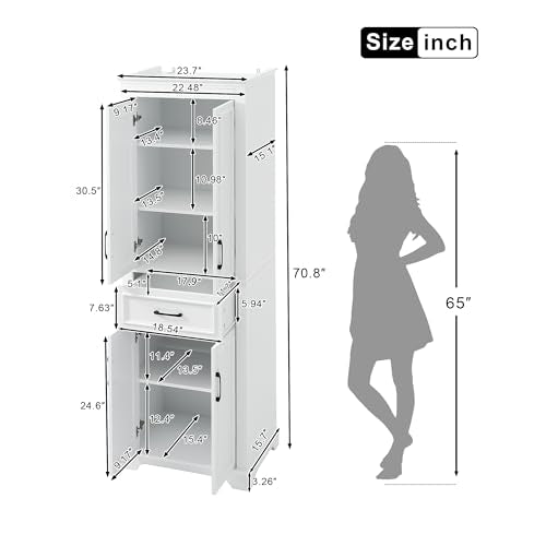 JIJIWANG 70.8" H Modern Wood Tall Bathroom Storage Cabinet, White Freestanding Linen Tower with Soft-Close Doors, Drawer, Adjustable Shelves, Anti-Tip Design, for Master Bathroom
