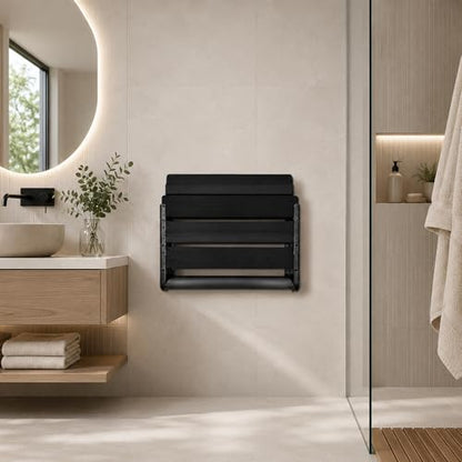 Folding Shower Seat Teak, Bathla Safety Furniture Stainless Steel, Shower Seats for Elderly, Fold Down Shower Seat, Black Wood - color: Black and Black Stainless Steel