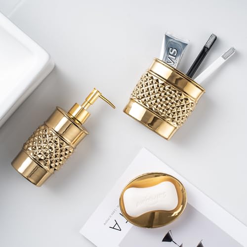 3-Piece Gold Ceramic Bathroom Accessories Set - Luxurious Soap Dispenser, Toothbrush Holder & Soap Dish with Modern Geo Embossed Design for Bathroom Accessory Set - color: Gold 022