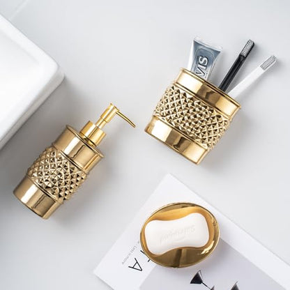 3-Piece Gold Ceramic Bathroom Accessories Set - Luxurious Soap Dispenser, Toothbrush Holder & Soap Dish with Modern Geo Embossed Design for Bathroom Accessory Set - color: Gold 022