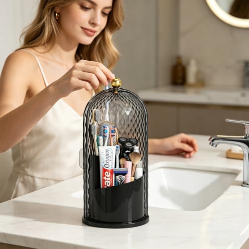 Dustproof Toothbrush Holder with Lid, 360 Rotating Countertop Electric Toothbrush Toothpaste Holders with Cover for Bathroom, 3 Slots Makeup Brush Holder with Lid for Vanity, Black - color: Dia Black
