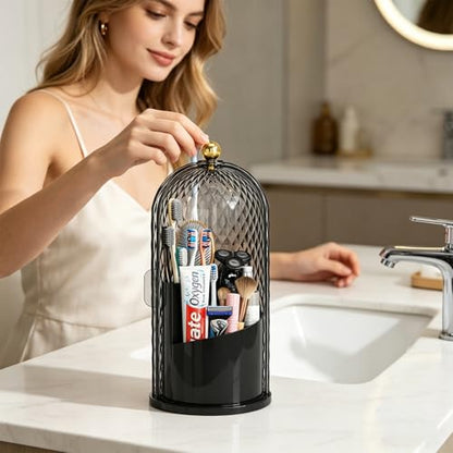 Dustproof Toothbrush Holder with Lid, 360 Rotating Countertop Electric Toothbrush Toothpaste Holders with Cover for Bathroom, 3 Slots Makeup Brush Holder with Lid for Vanity, Black - color: Dia Black