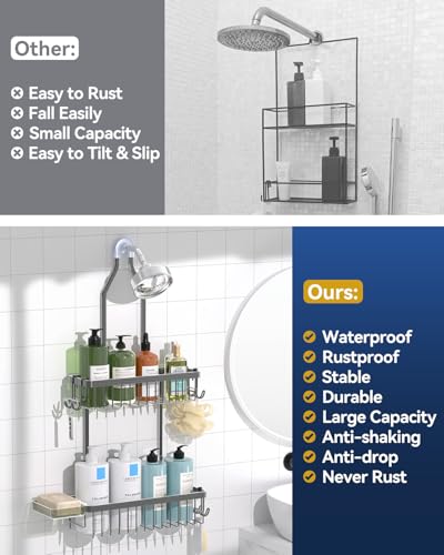 Never Rust Shower Caddy Hanging, Aluminum Shower Racks for Inside Shower, 2-Tier Shower Organizer Hanging Over Shower Head with Hooks and Soap Holder, Grey - color: Grey