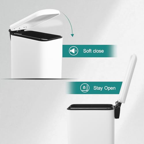 Bathroom Trash Can, Small Trash Can with Lid, White Garbage Gan | 1.3 Gal Trash Can, Stainless Steel, Small Garbage Can with Soft-Close Lid, Removable Inner Bucket, Slim Trashcan for Bathroom - color: White