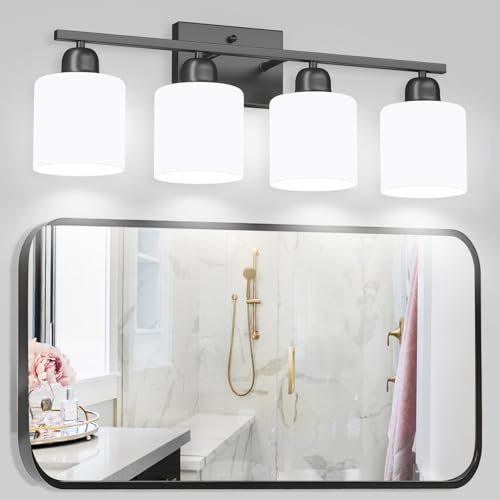 4-Light Black Bathroom Vanity Light, Light Fixtures with Milky White Frosted Glass Shades, Black Vanity Light for Bathroom Mirror, Bedroom, Living Room, Vanity Table, E26 Base - color: Black & Milky White Glass, size: 4-Light