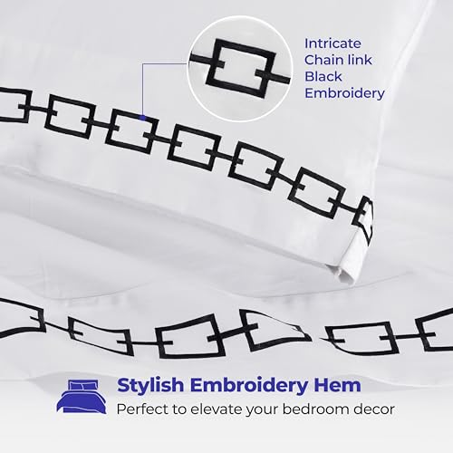Superior Embroidered Cotton Bed Sheet Set, 1 Elastic Deep Pocket Fitted Sheet, 1 Flat Sheet, 2 Pillowcases, Daily Soft Sheets, Luxury, Unique Design, Chain Links Collection, Full Size, White/Black - color: White-black, size: Full