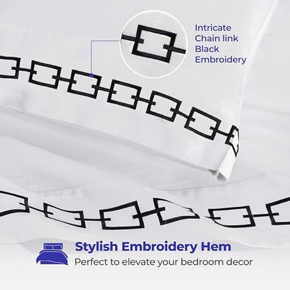 Superior Embroidered Cotton Bed Sheet Set, 1 Elastic Deep Pocket Fitted Sheet, 1 Flat Sheet, 2 Pillowcases, Daily Soft Sheets, Luxury, Unique Design, Chain Links Collection, Full Size, White/Black - color: White-black, size: Full