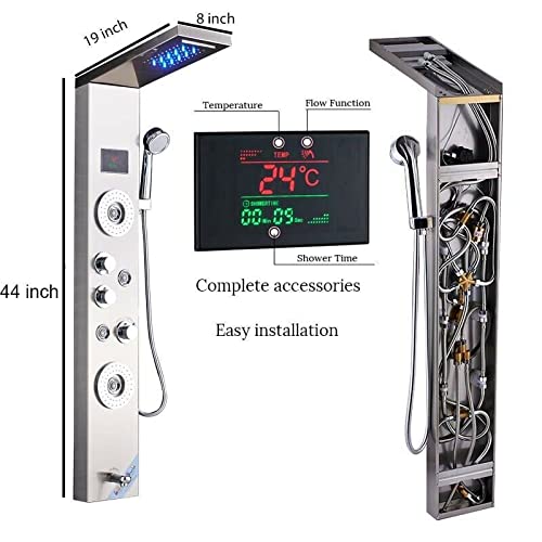Stainless Steel Shower Panel Tower System LED Rainfall Waterfall Shower Head Handheld Shower Head Body Jets Tub Spout Water Temperature Display