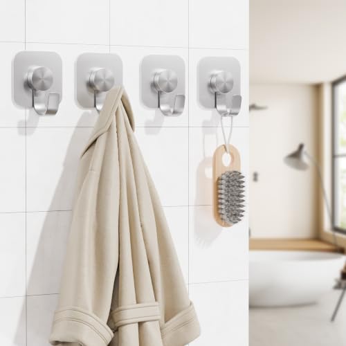 Aikzik 4 Pack Large Heavy Duty Wall Hooks - 26lb Max, Stainless Steel Adhesive Towel Hooks for Hanging Towel, Coat, Robe, Sticky Towel Holder for Wall Mount in Bathroom, Kitchen, Shower, Door - Silver - color: Silver