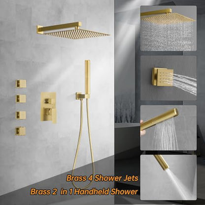 Hoimpro 12 Inch Rainfall Shower Faucet with 4 Full Body Shower Jet Fixtures Combo, Wall Mounted Shower System Set with Rain Mixer Shower Head and 2 in 1 Spray Handheld Showerhead, Brushed Gold - color: Brushed Gold
