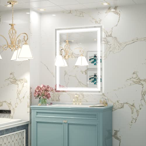 Keonjinn 28" x 36" Lighted Mirrors for Bathroom Wall, Safe Tempered Glass | Frontlit & Backlit, 3000K/4500K/6000K, Dimmable, Energy-Saving Power Driver, Anti-Fog, Smart LED Bathroom Mirror with Lights - size: 36"L x 28"W