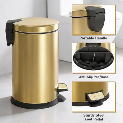 SIMPLYKLEEN Bathroom Trash Can with Lid - 4PC 1.3 Gallon/ 5L Oval Small Trash Can with Soft-Close Lid, Foot Pedal, Brushed Stainless Steel, Removable Liner, Garbage can for Kitchen, Office, Home Gold - color: Gold, size: 5L Oval 4PC