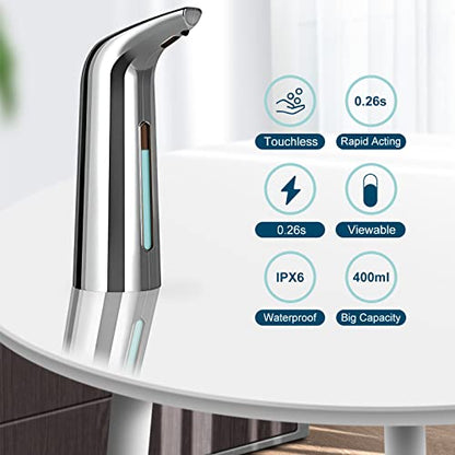 400 mL Silver Battery Powered Motion Sensor Soap Dispenser | Sensitive Automatic Induction Pump Transparent Liquid Window IPX6 Waterproof for Home And Commercial Space Use - color: Silver