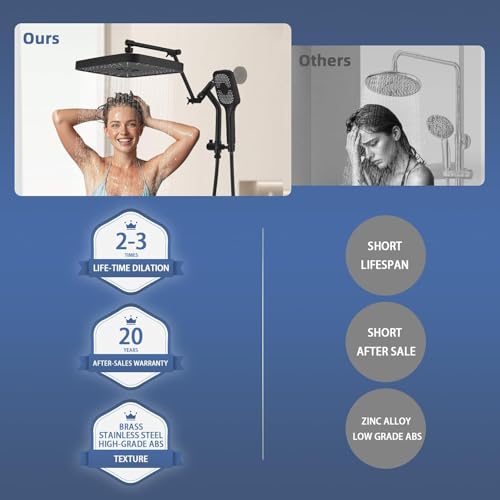 14" High Pressure Rain/Rainfall Shower Heads With Handheld Spray Combo (3+1 Settings & Built-in Power Wash Mode), Double/Dual Shower Head With Handheld - Height/Angle Adjustable(Matte Black) - color: Matte Black, size: 14 Inch