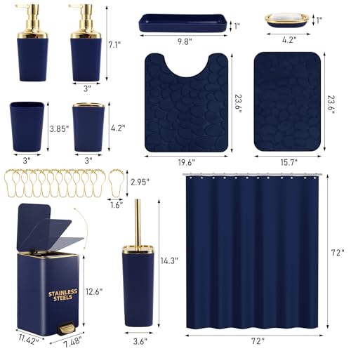 Bathroom Sets with Shower Curtain and Rugs Bathroom Accessories Set Navy Blue Bathroom Set,Soap Dispenser & Toilet Brush Holder Set with Stainless Steel Trash Can(23 PCS) - size: Navy Blue, style: Bath Set+Waffle Shower Curtain+Bath Rugs