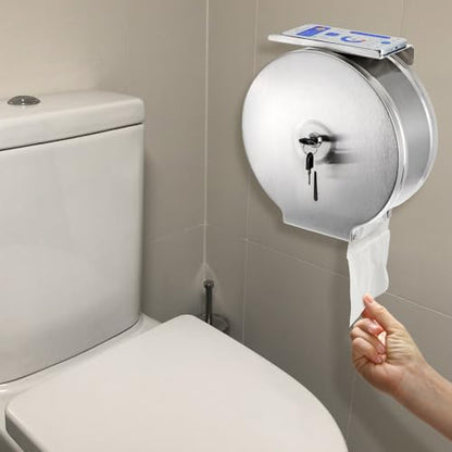 Commercial Jumbo Toilet Paper Dispenser with Shelf, Wall Mount Stainless Steel 9 Inch Roll Toilet Paper Holder, Brushed Touchless Toilet Tissue Dispenser with Lock Key for Restroom Bathroom