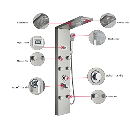 LED Light Shower Panel Tower Rainfall Waterfall Shower Head with Massager Jets Body System Jet Black B (Color : Brushed Nickel E) - color: Brushed Nickel E