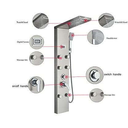 LED Light Shower Panel Tower Rainfall Waterfall Shower Head with Massager Jets Body System Jet Black B (Color : Brushed Nickel E) - color: Brushed Nickel E