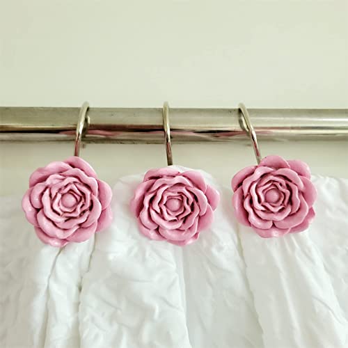 Twofishes Pink Rose Shower Curtain Hooks Set of 12 Pink Rose Flower Shower Rings Pack of 12