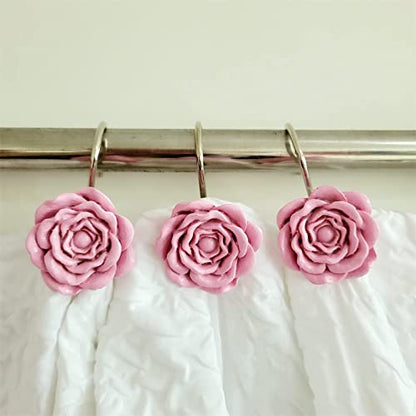 Twofishes Pink Rose Shower Curtain Hooks Set of 12 Pink Rose Flower Shower Rings Pack of 12