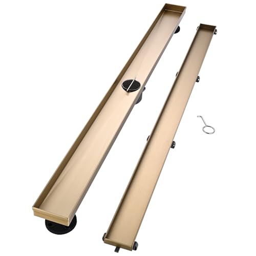 AVSIILE Linear Shower Floor Drain, Brushed Gold 40 Inch 304 Stainless Steel Bathroom Drains Kit, Rectangular Shower Trench Drain with Reversable Tile-in Pattern Drain Cover & Hair Catcher - color: Brushed Gold, size: 40 Inch