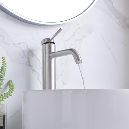 Hotis Vessel Sink Faucet Brushed Nickel, Stainless Steel Tall Bathroom Faucet with 360° Swivel Spout, Single Handle 1 Hole Bathroom Faucets with Supply Lines and Pop Up Drain, HT-BF100 - color: Brushed Nickel