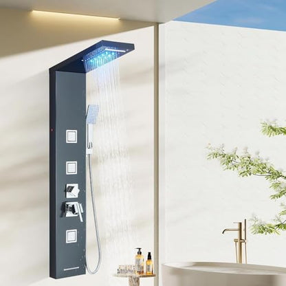 AlenArt Stainless Steel LED Shower Panel Tower System, Bathroom 5-Function Shower Panel Tower with LED Rainfall Waterfall Shower Head, Massage Jets, Tub Spout, Handheld Shower, Black-8126 - color: Black-8126