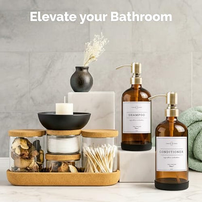 Vine Creations Amber Glass Soap Dispenser, 2 Pack Kitchen Soap Dispenser Set with Stainless Steel Pump, 16 oz Dish Soap and Hand Soap Dispensers for Bathroom with Waterproof Labels and Protective Pads - color: Amber Bottle / Brushed Brass Pump