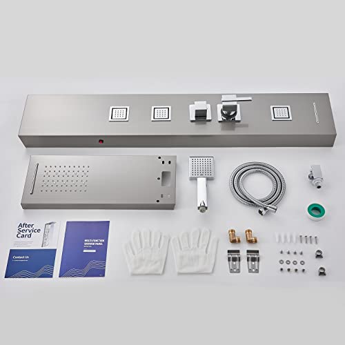 5-in-1 LED Shower Panel Tower System Stainless Steel | Rainfall + waterfall heads | 3 massage sprays | Handheld shower | Waterfall tub spout | LED lights | Wall mount - color: Brushed Nickel