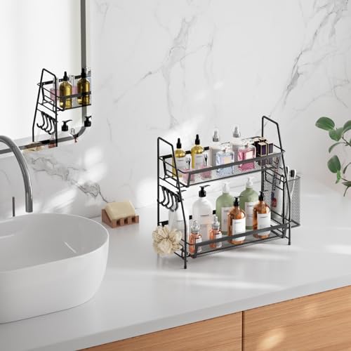 VITVITI 2-Tier Bathroom Organizer Countertop, Metal Wire Mesh Bathroom Counter Organizer Storage with Basket Hooks, Vanity Tray Shelf, Kitchen Spice Rack, Small Black - color: 2 Tier Small Black