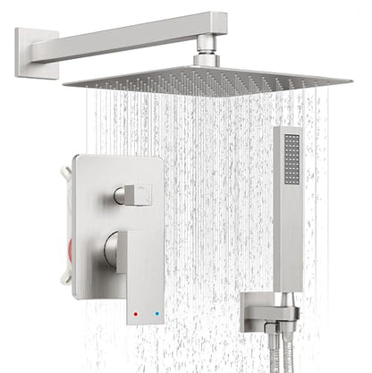 12" Rain Shower System with Handheld & Valve, Brushed Nickel | Wall-Mounted High-Pressure Shower Faucet Combo Set, 12-Inch Rain Shower Head with Handheld Spray,Includes Valve and Trim Kit - color: Brushed Nickel 12